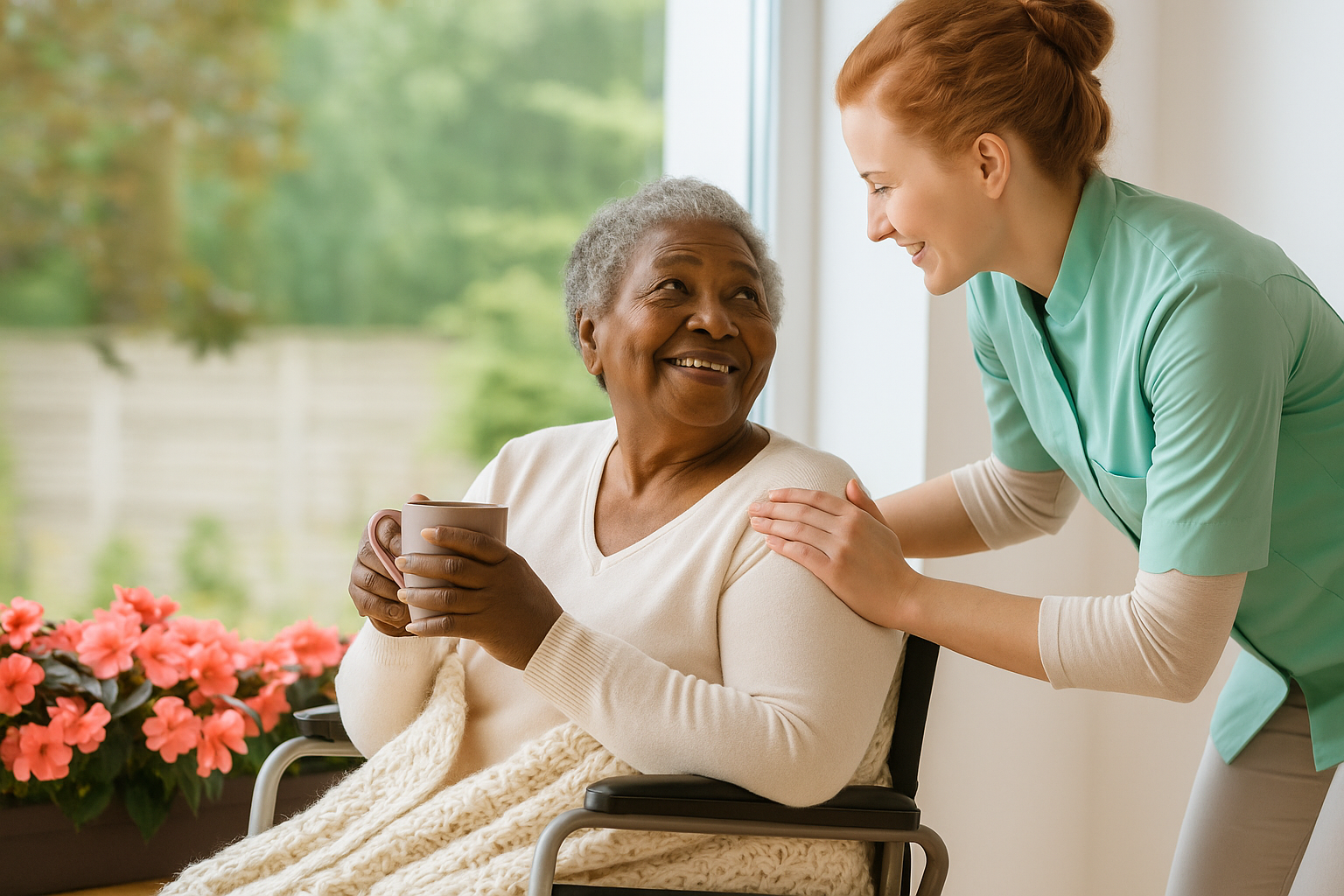 Professional caregiver assisting senior in Dallas home